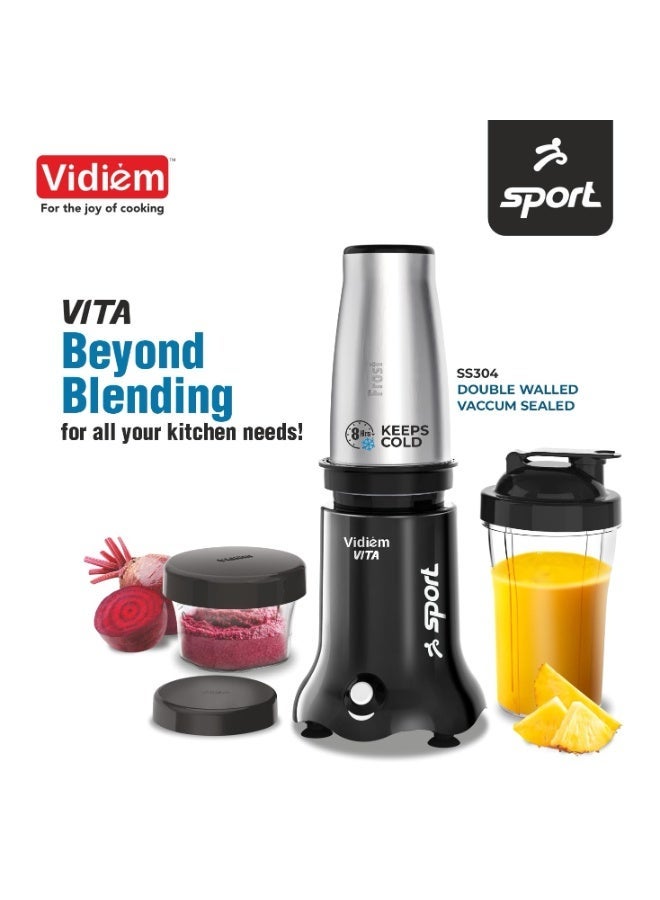 فيديم Vidiem VITA Sport 500 W Personal Blender/Mixer/Grinder/Smoothie Maker | 22000 RPM Aria CoolTec Motor | 3 Jars (600 ml SS Flask, 500 ml + 250 ml jar) For Gym/Travel/Kitchen Needs | 3 Year Warranty - Image 3